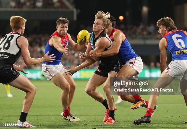 Miles Bergman of the Power under pressure from Christian Petracca of the Demons and Jack Viney of the Demons during the 2024 AFL Round 03 match...