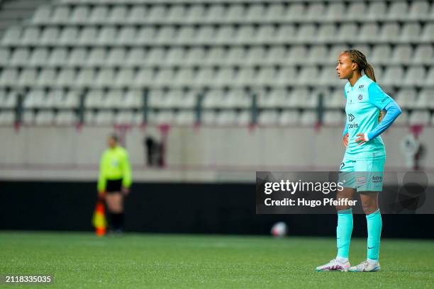 Maelys MPOME of Montpellier during the D1 Arkema match between Paris FC and Montpellier at Stade Charlety on March 29, 2024 in Paris, France. - Photo...