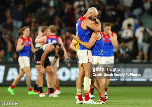 Max Gawn of the Demons with Jack Viney after the win during the 2024 AFL Round 03 match between the Port Adelaide Power and the Melbourne Demons at...