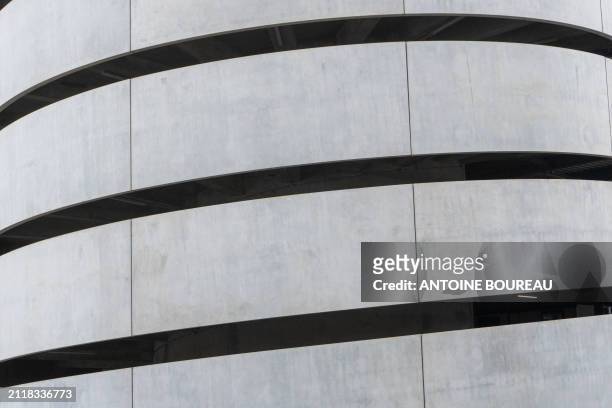 Close-up of the architecture of the LPA Part-Dieu Villette cement spiral car park in Lyon, France on 21 February 2024.