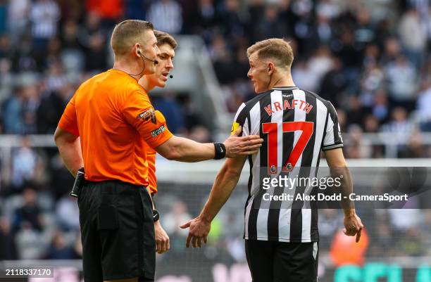 Newcastle United's Emil Krafth complains to referee Robert Jones at half time of the Premier League match between Newcastle United and West Ham...