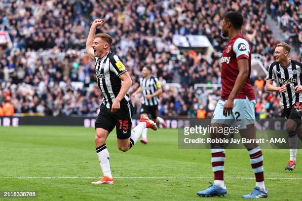 Harvey Barnes of Newcastle United celebrates after scoring a goal to make it 4-3 during the Premier League match between Newcastle United and West...