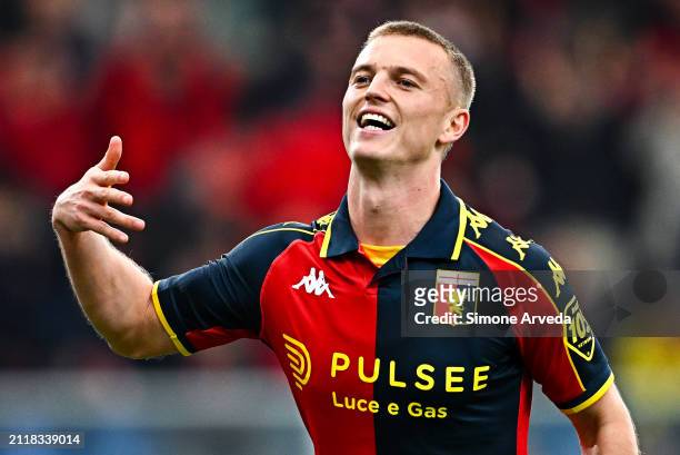 Albert Gudmundsson of Genoa celebrates after scoring a goal on a penalty kick during the Serie A TIM match between Genoa CFC and Frosinone Calcio at...