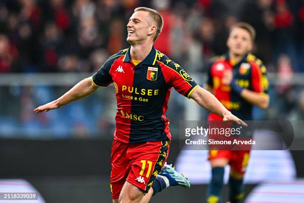 Albert Gudmundsson of Genoa celebrates after scoring a goal on a penalty kick during the Serie A TIM match between Genoa CFC and Frosinone Calcio at...