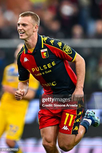 Albert Gudmundsson of Genoa celebrates after scoring a goal on a penalty kick during the Serie A TIM match between Genoa CFC and Frosinone Calcio at...