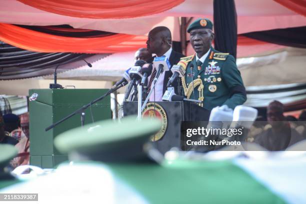 Chief of Army Staff, Taoreed Lagbaja speaks, as Bodies of 1`7 military personnel killed in Okuama in Delta State on March 14 arrived at the National...