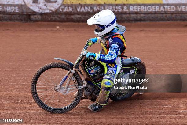 Jody Scott of the Leicester Lion Cubs is participating in the National Development League match between the Belle Vue Aces and the Leicester Lions at...