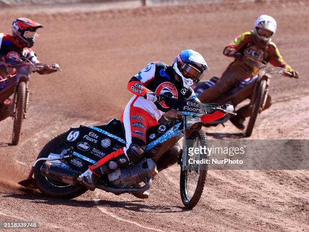 Chad Wirtzfeld of the Belle Vue 'Cool Running' Colts is leading Ben Trigger of the Belle Vue 'Cool Running' Colts and Joe Thompson of the Leicester...