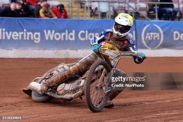 Jody Scott of the Leicester Lion Cubs is participating in the National Development League match between the Belle Vue Aces and the Leicester Lions at...