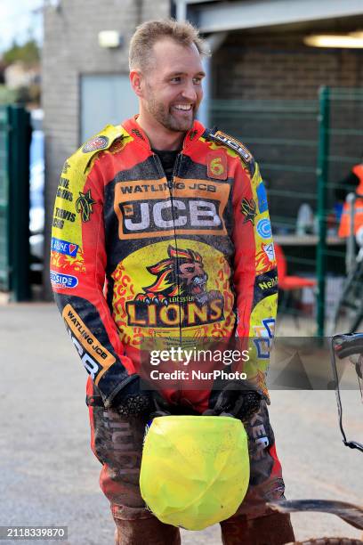 Luke Crang, the reserve for Leicester Lion Cubs, is racing during the National Development League match between Belle Vue Aces and Leicester Lions at...