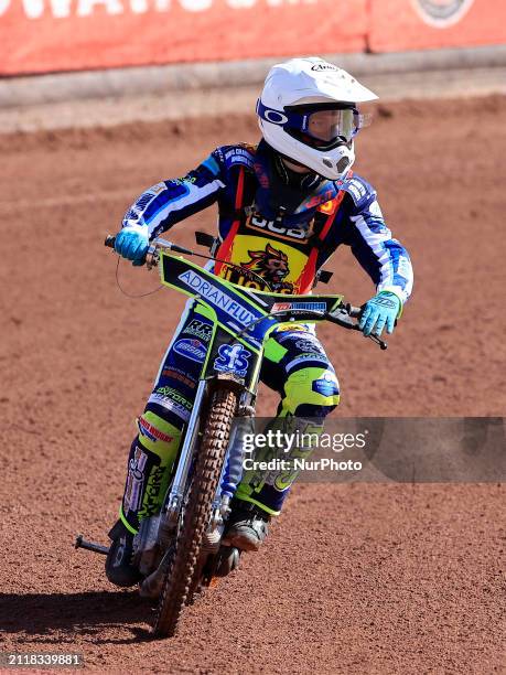 Jody Scott of the Leicester Lion Cubs is participating in the National Development League match between the Belle Vue Aces and the Leicester Lions at...