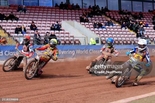 Matt Marson and Luke Muff of Belle Vue 'Cool Running' Colts are tussling with Luke Crang and Jody Scott of Leicester Lion Cubs during the National...