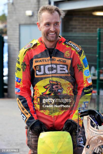 Luke Crang, the reserve for Leicester Lion Cubs, is racing during the National Development League match between Belle Vue Aces and Leicester Lions at...