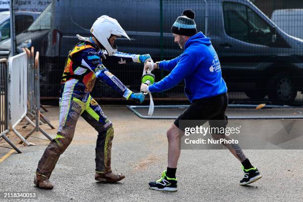 Jody Scott of the Leicester Lion Cubs is participating in the National Development League match between the Belle Vue Aces and the Leicester Lions at...