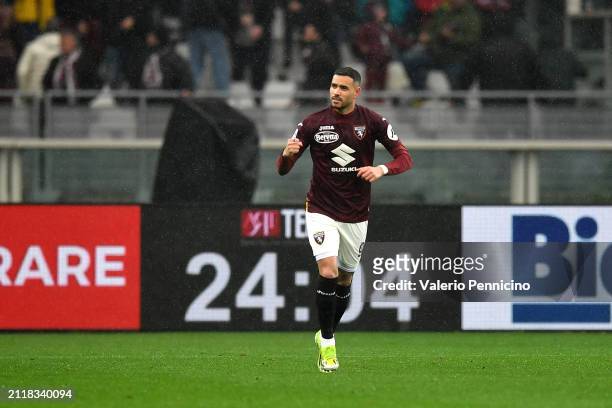 Antonio Sanabria of Torino FC celebrates his goal during the Serie A TIM match between Torino FC and AC Monza at Stadio Olimpico di Torino on March...