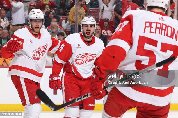 Robby Fabbri of the Detroit Red Wings celebrates after scoring a first period goal against the Florida Panthers at the Amerant Bank Arena on March...