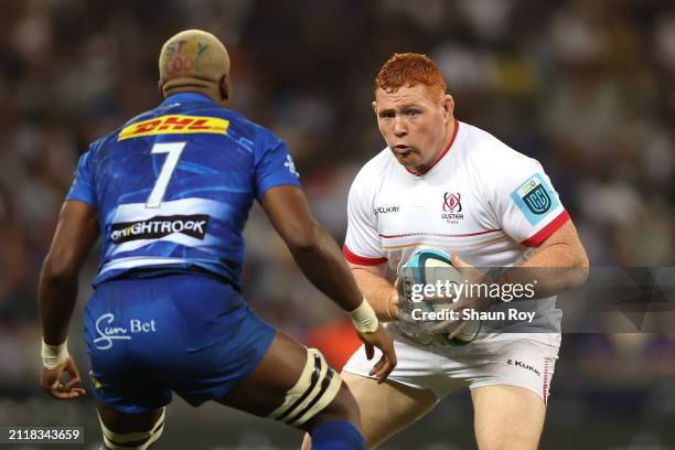 Western Cape , South Africa - 30 March 2024; Steven Kitshoff of Ulster attempts to get past Hacjivah Dayimani of DHL Stormers during the United Rugby...