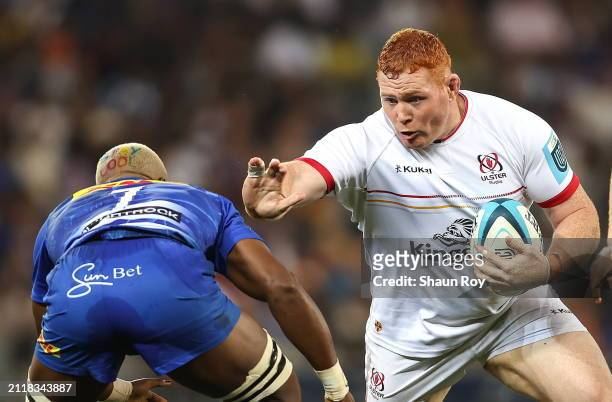Western Cape , South Africa - 30 March 2024; Steven Kitshoff of Ulster attempts to hand off Hacjivah Dayimani of DHL Stormers during the United Rugby...