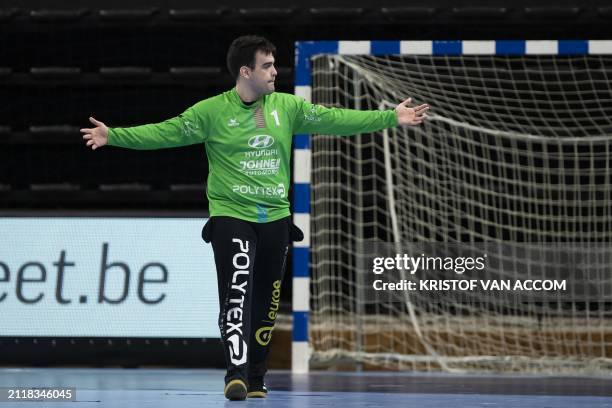 Eupen's goalkeeper Brian Dormann reacts during a game between KTSV Eupen and HC Vise BM, Saturday 30 March 2024, in Hasselt, the men's final of the...