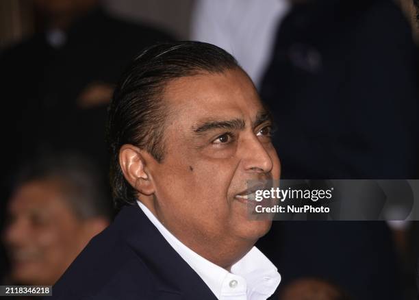 Mukesh Ambani, chairman and managing director of Reliance Industries Ltd., is speaking at an event in Mumbai, India, on March 30, 2024.