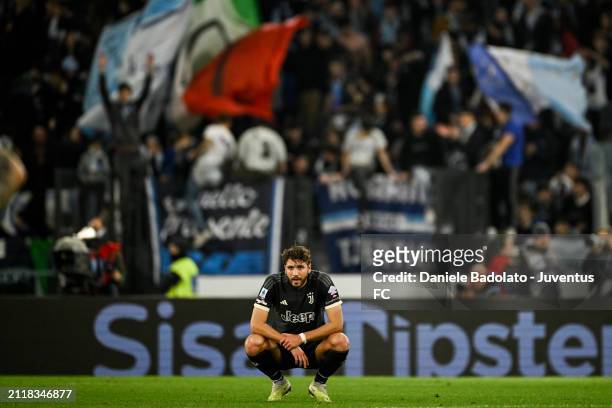 Manuel Locatelli of Juventus reacts during the Serie A TIM match between SS Lazio and Juventus at Stadio Olimpico on March 30, 2024 in Rome, Italy.