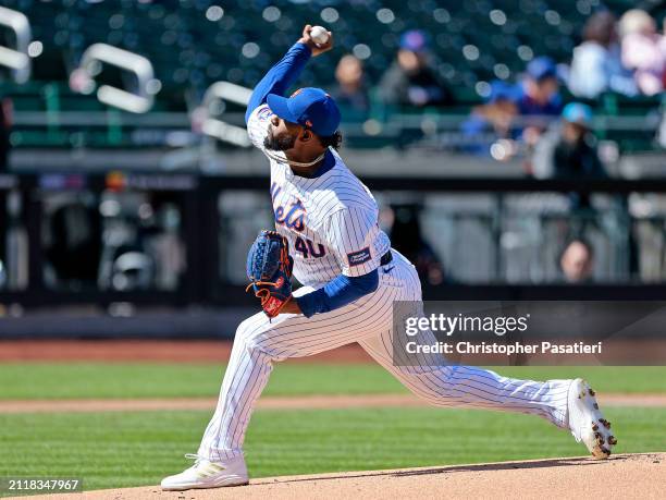 Luis Severino of the New York Mets throws a pitch in the top of the first inning against the Milwaukee Brewers at Citi Field on March 30, 2024 in New...