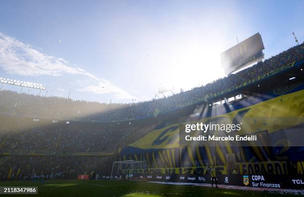 Fans of Boca Juniors cheer for their team prior a group B match between Boca Juniors and San Lorenzo at Estadio Alberto J. Armando on March 30, 2024...