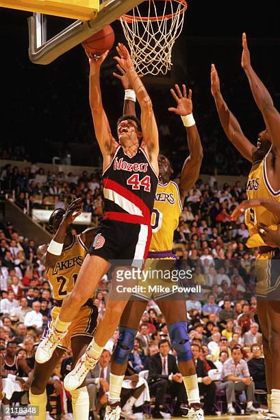 Drazen Petrovic of the Portland Trail Blazers shoots against the Los Angeles Lakers during the 1989-1990 NBA season game at the Great Western Forum...