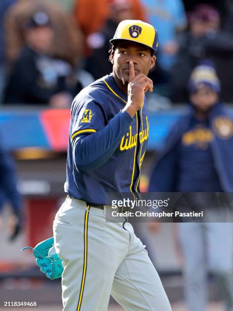 Abner Uribe of the Milwaukee Brewers reacts towards the dugout of the New York Mets after the final out in the bottom of the ninth inning at Citi...