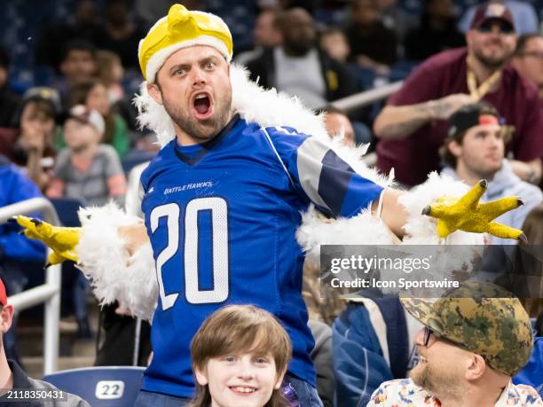 St. Louis Battlehawks fan reacts after a play during the UFL football game between the St. Louis Battlehawks and the Michigan Panthers on March 30 at...