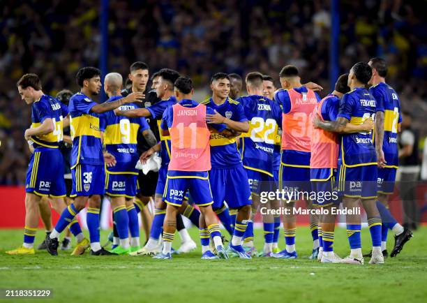 Players of Boca Juniors celebrates after winning a group B match between Boca Juniors and San Lorenzo at Estadio Alberto J. Armando on March 30, 2024...