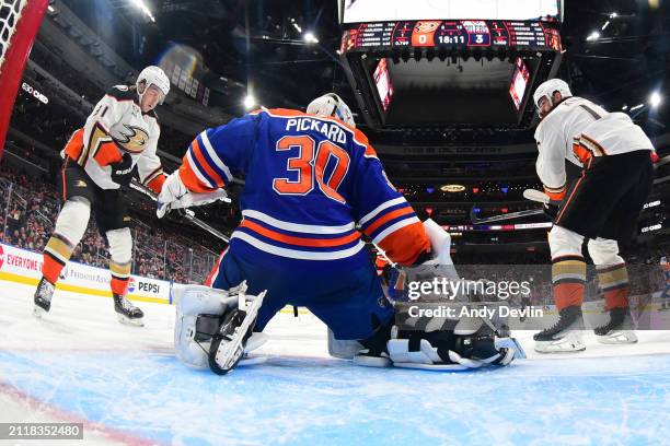 Goaltender Calvin Pickard of the Edmonton Oilers makes a second period save during the game against the Anaheim Ducks at Rogers Place on March 30 in...