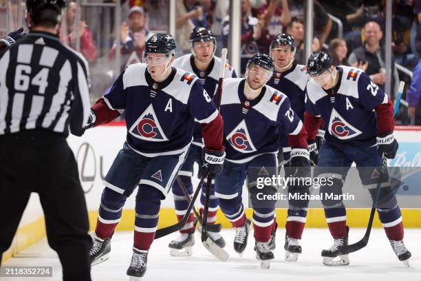 Cale Makar of the Colorado Avalanche celebrates after scoring a goal against the Nashville Predators at Ball Arena on March 30, 2024 in Denver,...