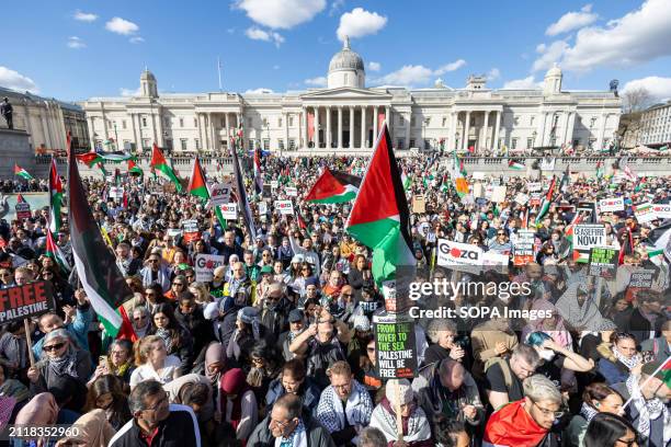 Thousands of protesters with placards and flags descend in London's Trafalgar Square during the demonstration calling for a ceasefire in Gaza.