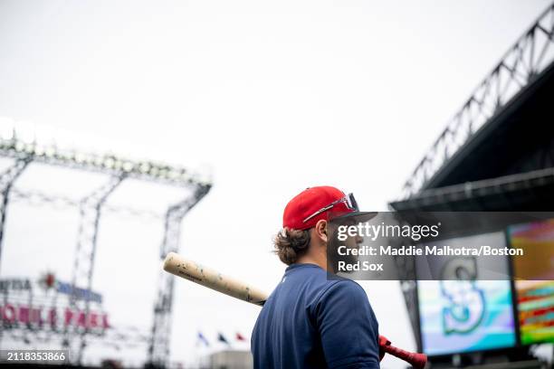 Wilyer Abreu of the Boston Red Sox looks on during batting practice before a game against the Seattle Mariners at T-Mobile Park on March 30, 2024 in...