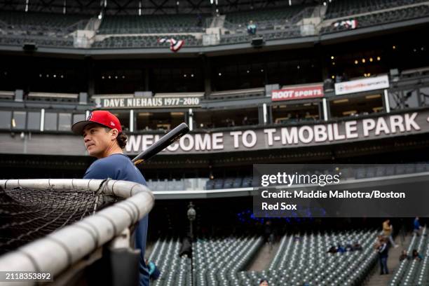 Bobby Dalbec of the Boston Red Sox looks on during batting practice before a game against the Seattle Mariners at T-Mobile Park on March 30, 2024 in...