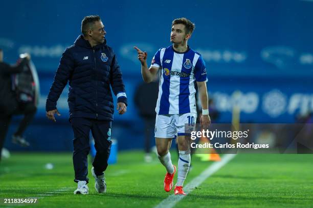 Francisco Conceicao of FC Porto reacts to GD Estoril Praia supporters during the Liga Portugal Betclic match between GD Estoril and FC Porto at...