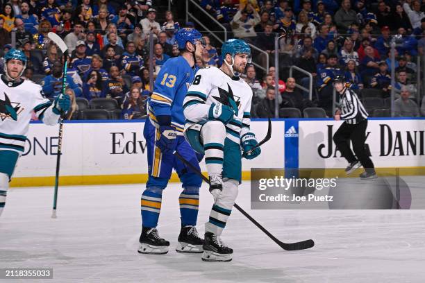 Filip Zadina of the San Jose Sharks reacts after scoring against the St. Louis Blues on March 30, 2024 at the Enterprise Center in St. Louis,...