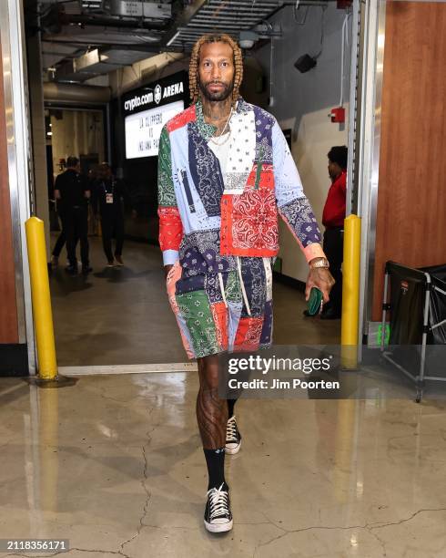 James Johnson of the Indiana Pacers arrives to the arena before the game against the LA Clippers on March 25, 2024 at Crypto.Com Arena in Los...