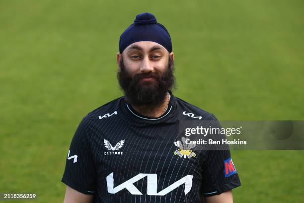 Amar Virdi of Surrey poses for a portrait during the Surrey CCC photocall at The Kia Oval on March 27, 2024 in London, England.