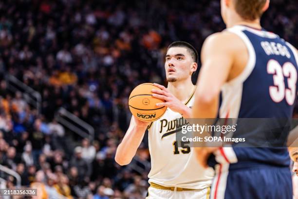 Zach Edey of Purdue Boilermakers in action against the Gonzaga Bulldogs during the second half in the Sweet 16 round of the NCAA Men's Basketball...