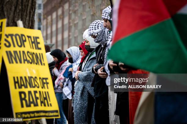 Muslim women pray during a demonstration on Palestine Land Day, one of hundreds of protests worldwide, Washington, DC, March 30, 2024. Land Day...