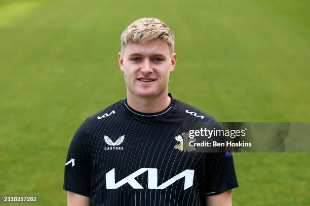 Ben Geddes of Surrey poses for a portrait during the Surrey CCC photocall at The Kia Oval on March 27, 2024 in London, England.