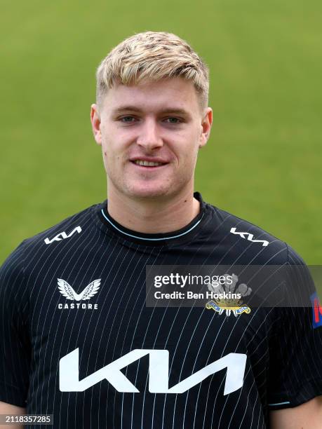 Ben Geddes of Surrey poses for a portrait during the Surrey CCC photocall at The Kia Oval on March 27, 2024 in London, England.