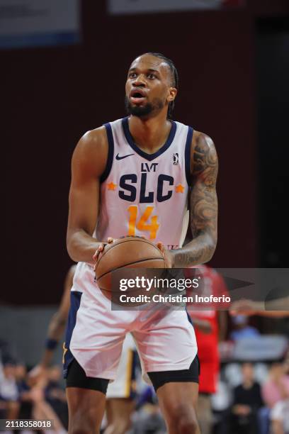 Nick Ongenda of the Salt Lake City Stars at the foul line during a game against the Rio Grande Valley Vipers on March 30, 2024 at the Bert Ogden...