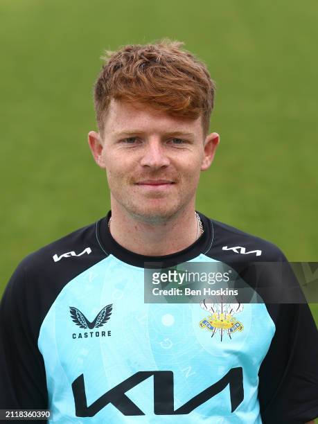Ollie Pope of Surrey poses for a portrait during the Surrey CCC photocall at The Kia Oval on March 27, 2024 in London, England.