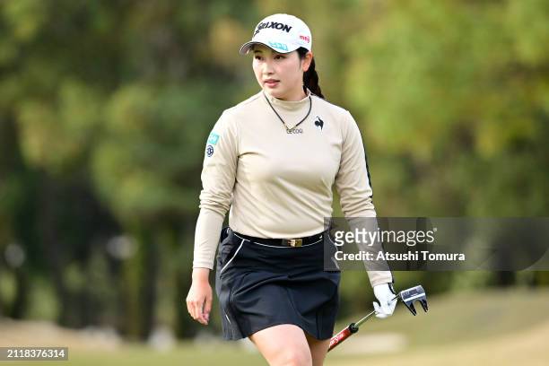 Sakura Koiwai of Japan reacts after the birdie on the 10th green during the first round of YAMAHA Ladies Open Katsuragi at Katsuragi Golf Club Yamana...