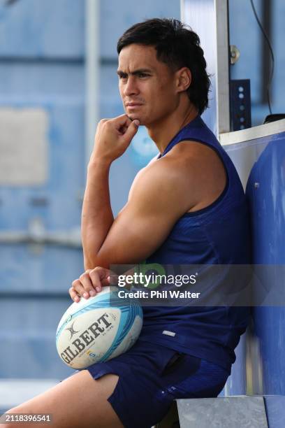 Zarn Sullivan looks on from the sideline with an injury during a Blues Super Rugby training session at Blues HQ on March 28, 2024 in Auckland, New...