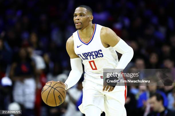 Russell Westbrook of the LA Clippers dribbles during the first quarter against the Philadelphia 76ers at the Wells Fargo Center on March 27, 2024 in...