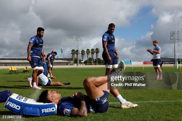 Rieko Ioane warms up during a Blues Super Rugby training session at Blues HQ on March 28, 2024 in Auckland, New Zealand.